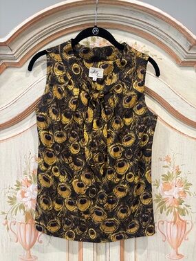 Milly Yellow Black Silk Peacock Sleeveless Blouse Size 2